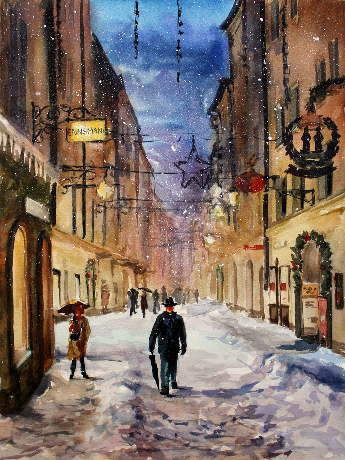 And again - WINTER IS COMING! - My, Drawing, Watercolor, Artist, The street, Night, Snow, Painting