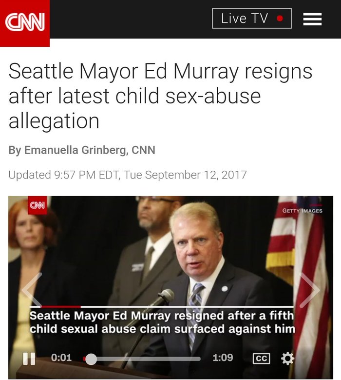 The liberal mayor of Seattle, who called for the removal of the Lenin statue, has resigned over a child abuse scandal. - , , , Politics