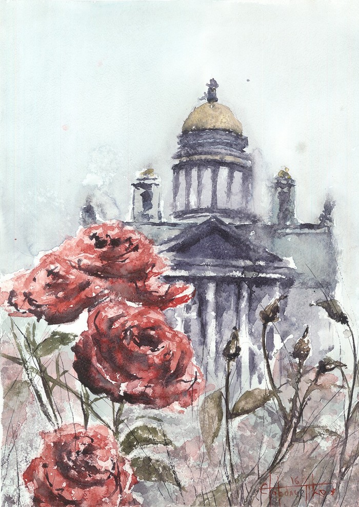 St. Isaac's Cathedral and roses - My, Watercolor, Painting, Painting, Saint Petersburg, Russia, the Rose, Saint Isaac's Cathedral, Drawing