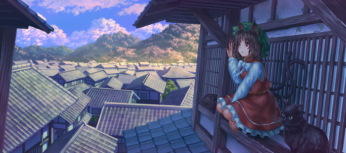 Over the Roofs - Anime, Anime art, Touhou, Chen, Chen (Touhou)