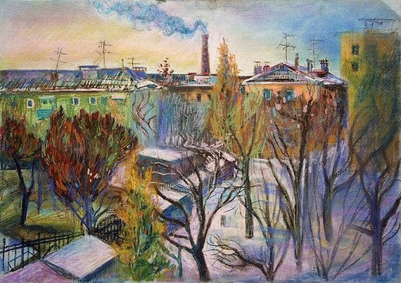 View from the window on a frosty morning. Urban landscape. - Pastel, Landscape, Graphics, View from the window