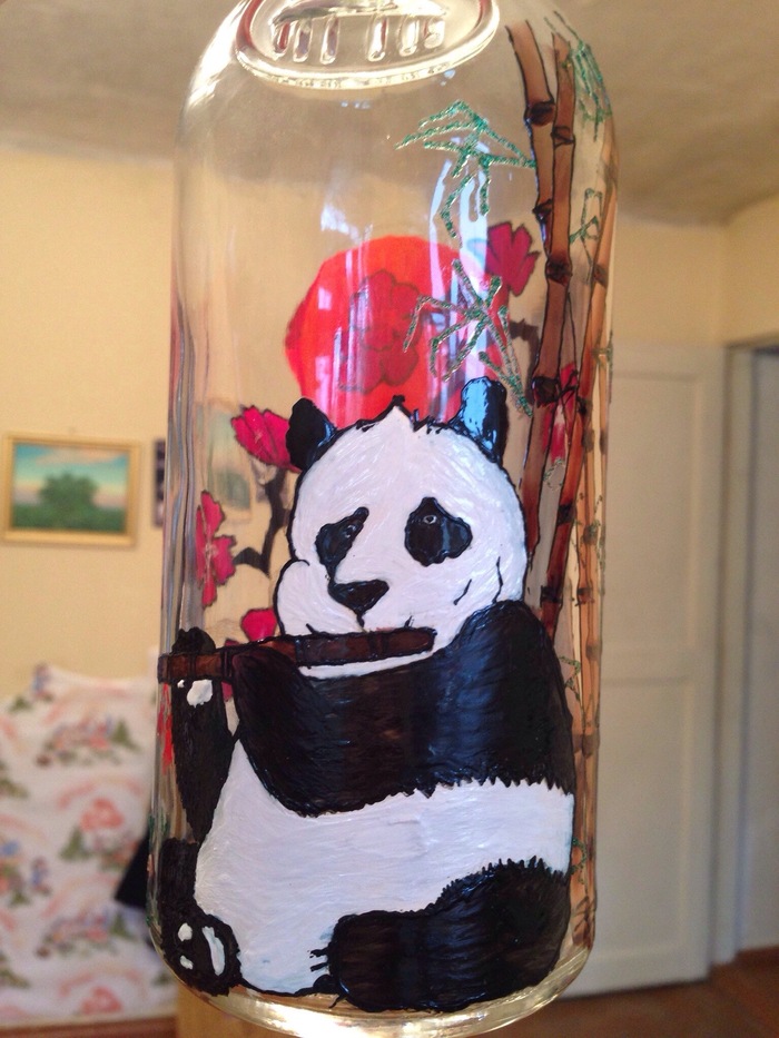 Stained glass on a bottle - Stained glass, My, Longpost, Panda, Painting on glass, Bottle