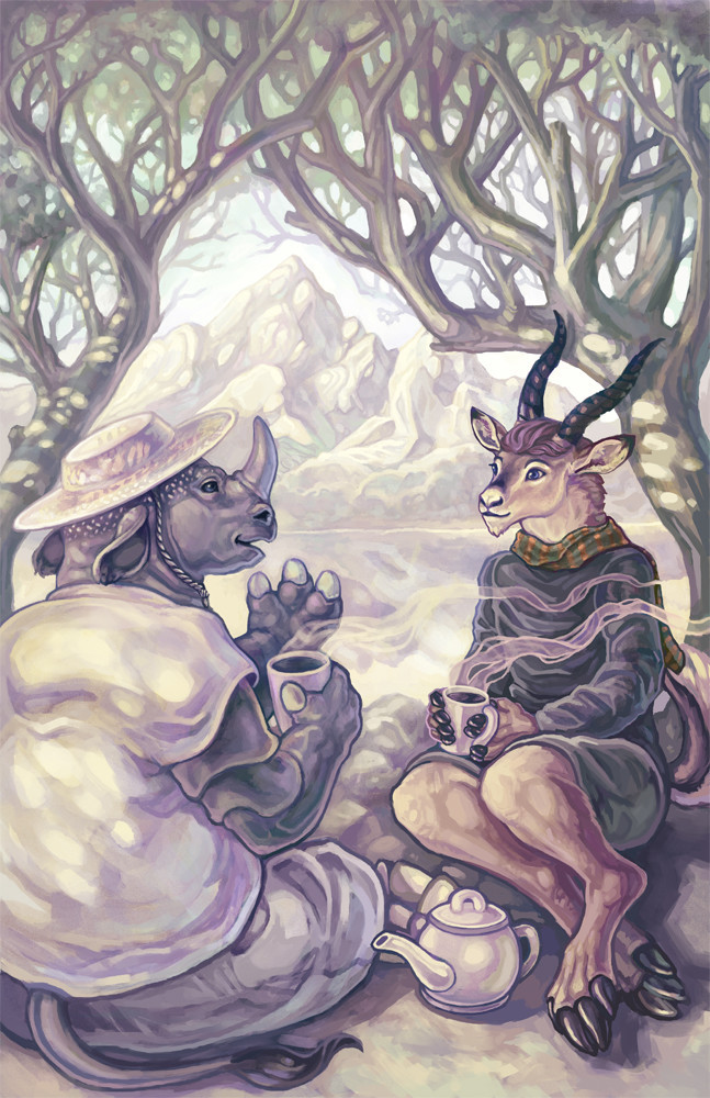 Picnic by the lake - Furry, Art, Rhinoceros, Nature, Antelope, 