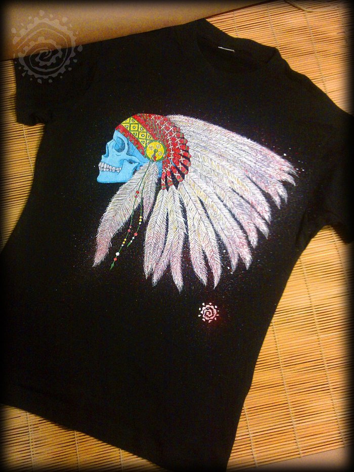Hand painted t-shirt. Indian skull - My, Painting on fabric, Painting, Artist, Scull, Acrylic, Drawing, Paints, Longpost