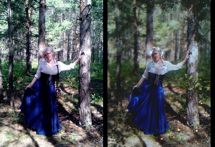 Walk in the Forest. - My, Art, Elena Nikulina, Retouch, Female, Forest, What color is the dress, White hair, Women