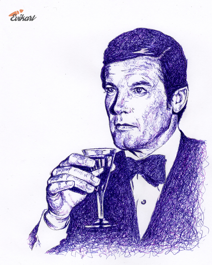 Today is the birthday of Roger Moore, the third James Bond, may the earth rest in peace for him.. Portrait in pen. - My, Pen, Portrait, Art, James Bond, Roger Moore, Drawing, Pen drawing, Illustrations