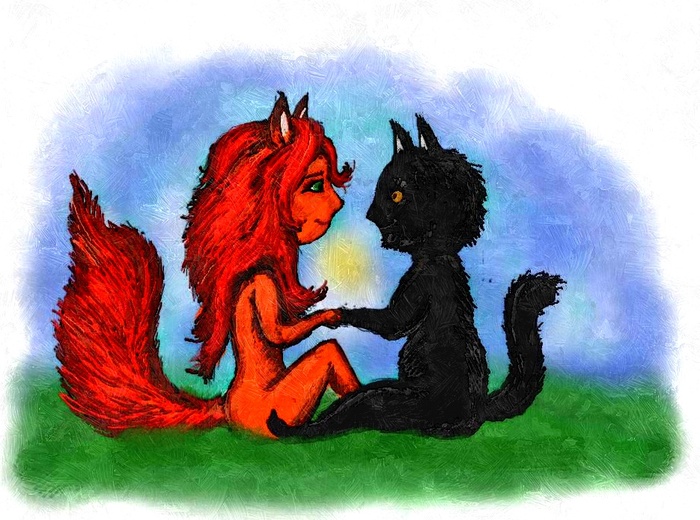 Cat and fox. - cat, Fox, Drawing on a tablet, 