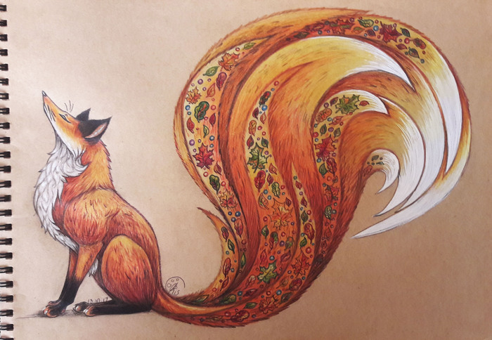 Keep your nose in the wind, and your tail in the fall. - My, Drawing, Colour pencils, Craft paper, Fox, Leaves, Berries, Autumn
