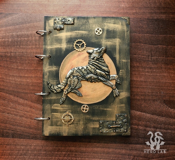 Notepad techno-wolf - My, Handmade, Notebook, Artbook, Handmade, Polymer clay, Wolf, Steampunk