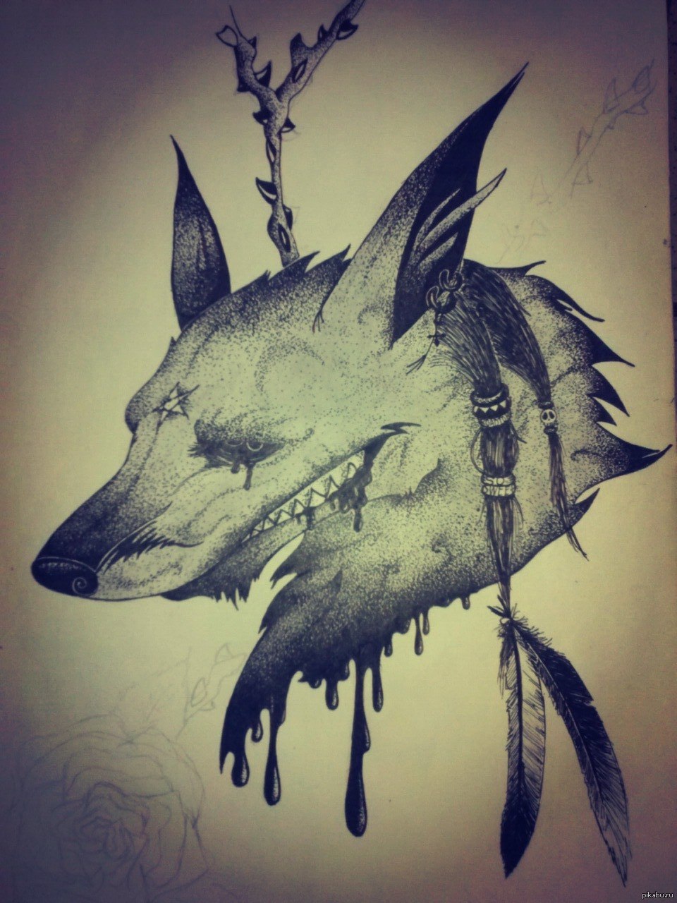 Волк черной гелевой ручкой