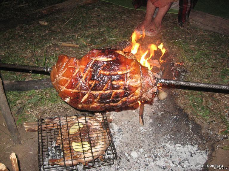 Свинина на костре. Мясо на вертеле на костре. Окорок свиной на вертеле.