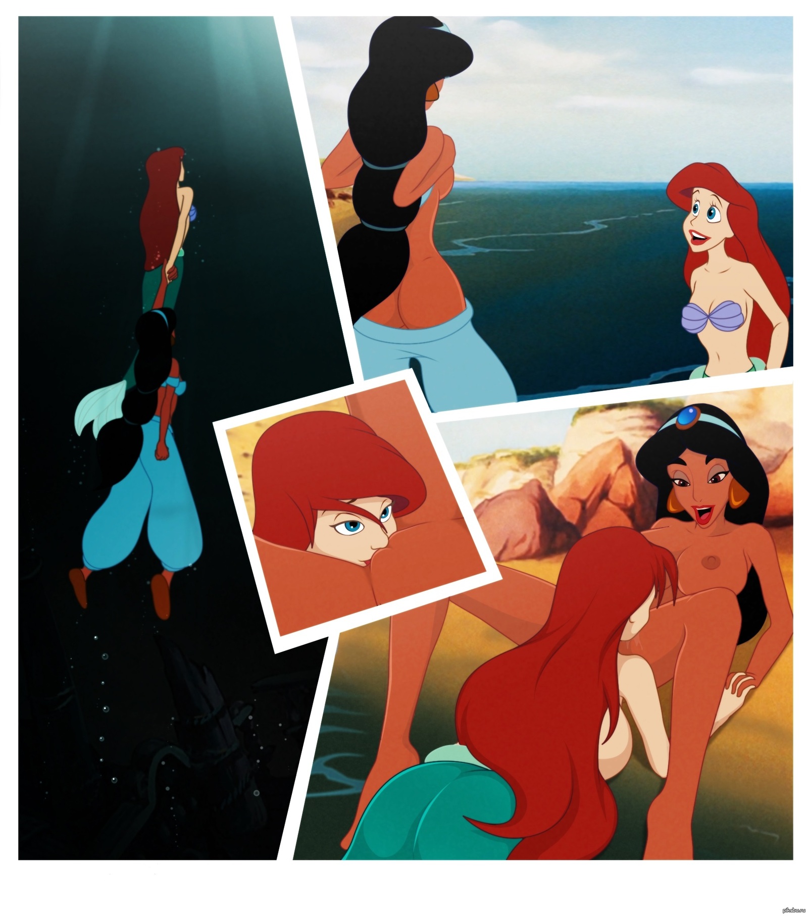 Ariel and Jasmine - NSFW, Ariel, Jasmine, Rule 34, Boobs, Lesbian, Art, Princess jasmine