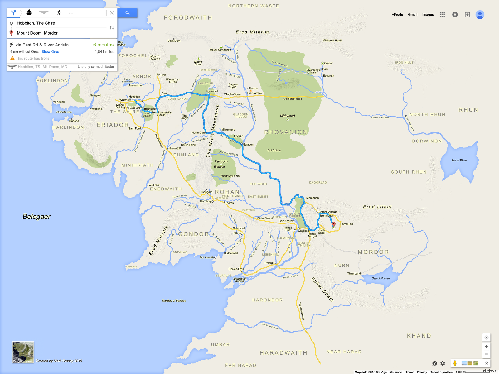 Если бы у Фродо была онлайн-карта, то маршрут к Мордору выглядел бы так. |  Пикабу