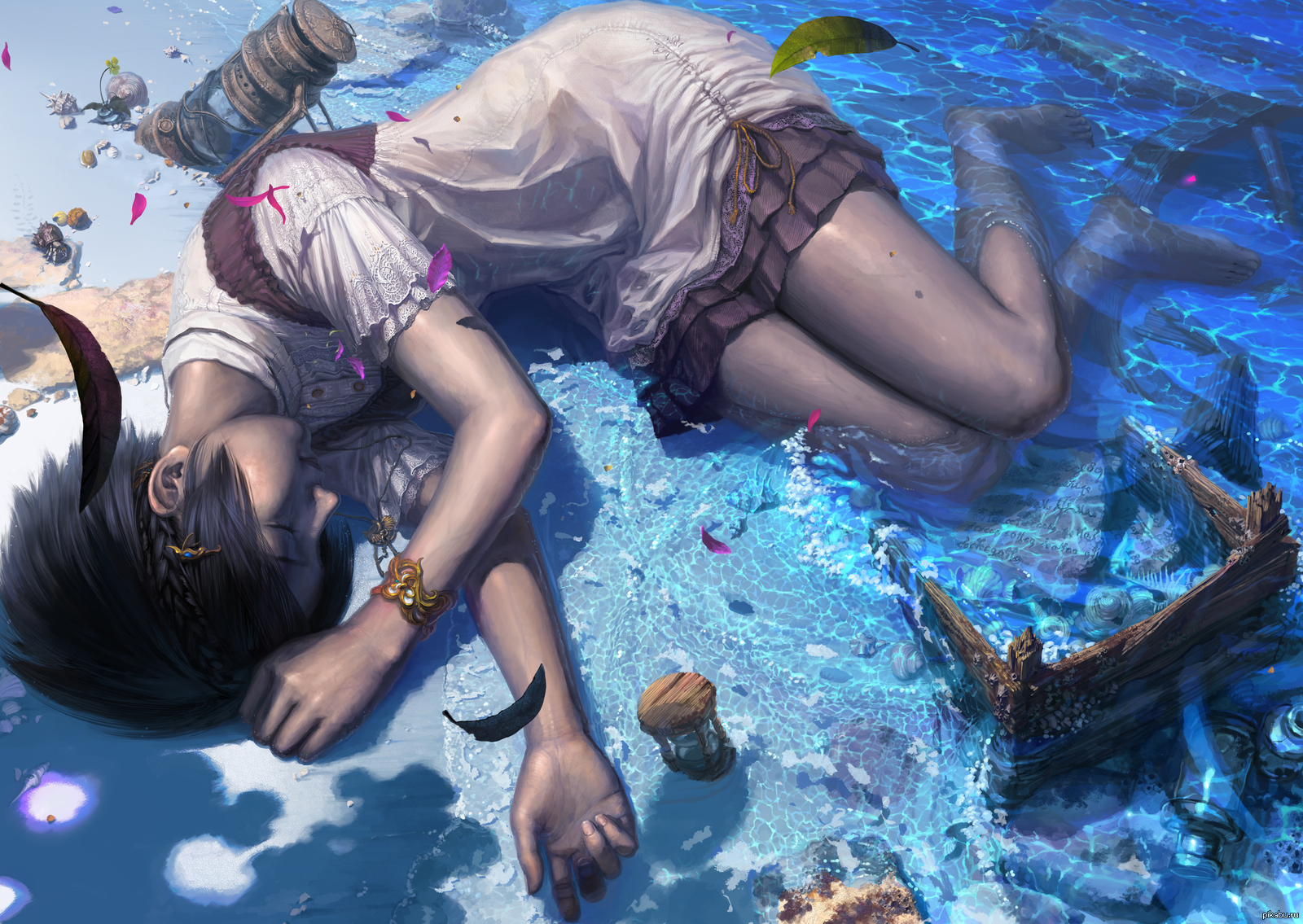 Cg. Аниме девушка в воде. Девушка в воде арт. Девочка и море арт.