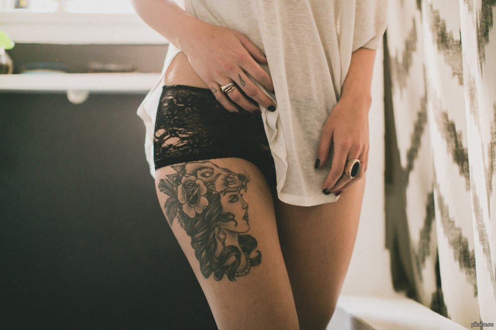 Tattoo - NSFW, Girls, The photo, Tattoo, Morning, Underwear, T-shirt