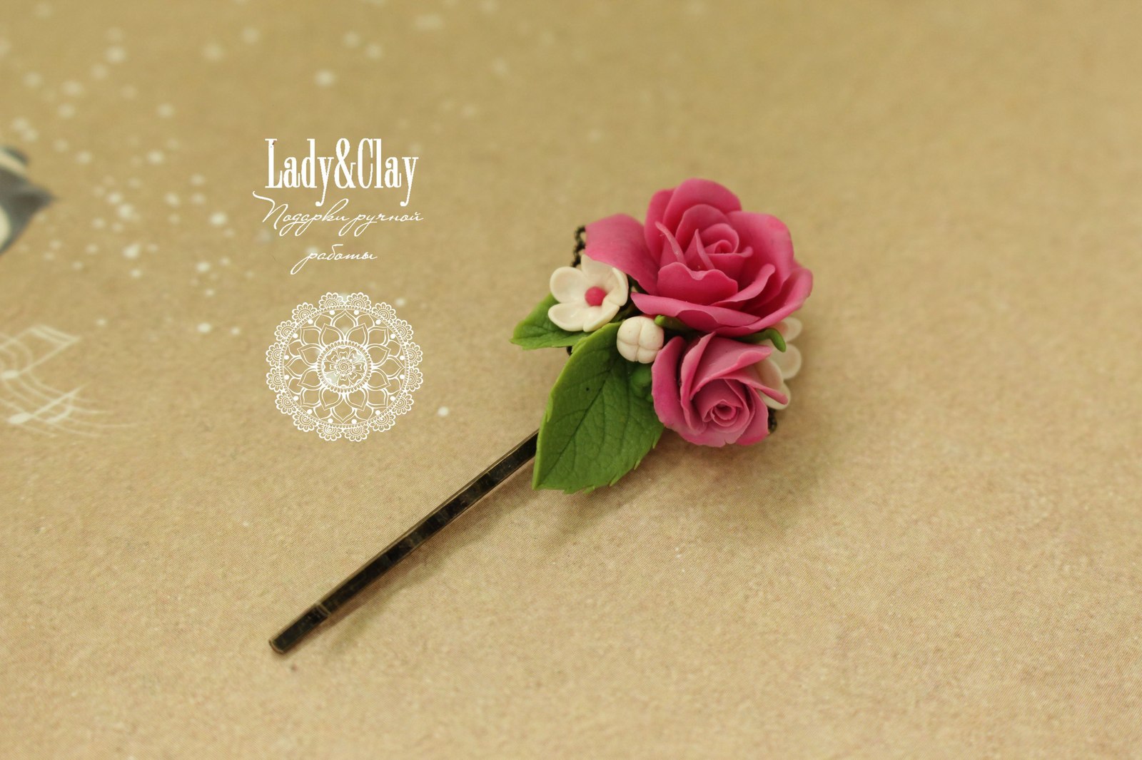 Invisible hairpin Pink bouquet - My, the Rose, Polymer clay, Barrette, Pink, Handmade, Longpost