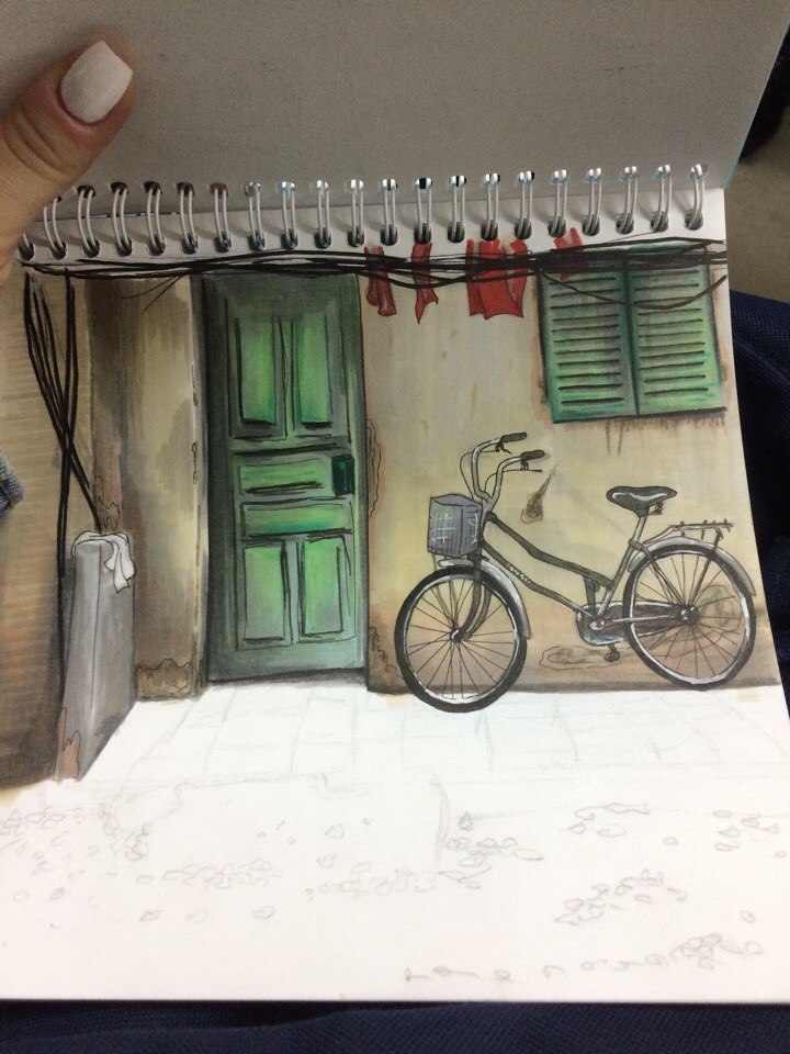 Modest street created with alcohol markers - My, Art, Creation, Sketch, Sketchbook, , Inspiration, A bike, With your own hands, Longpost