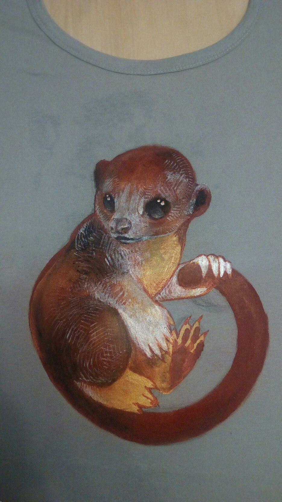 Kinkajou - t-shirt + acrylic - My, Potto, Acrylic, Art, Needlework, Painting on fabric, Animals, Drawing, Stages, Longpost