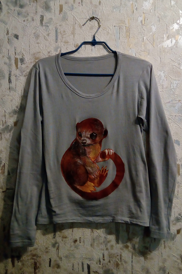 Kinkajou - t-shirt + acrylic - My, Potto, Acrylic, Art, Needlework, Painting on fabric, Animals, Drawing, Stages, Longpost