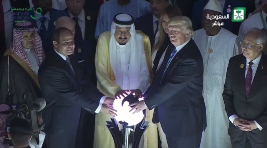 Nothing unusual, just Trump and the Saudis put their hands on the ball, symbolizing the Earth. - Donald Trump, Politics, Saudis, Illuminati, Conspiracy, Теория заговора