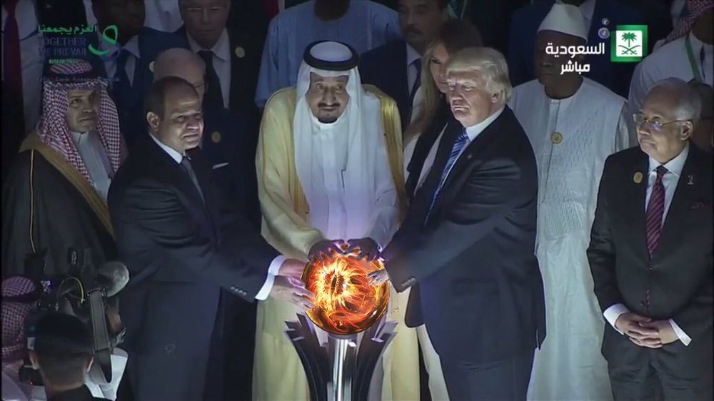 Nothing unusual, just Trump and the Saudis put their hands on the ball, symbolizing the Earth. - Donald Trump, Politics, Saudis, Illuminati, Conspiracy, Теория заговора