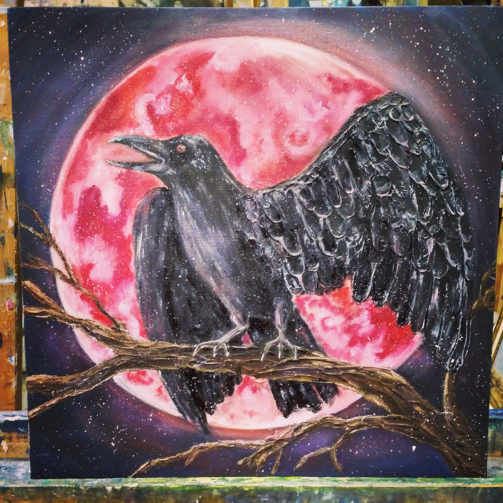 Little bird - My, Oil painting, Crow, Night