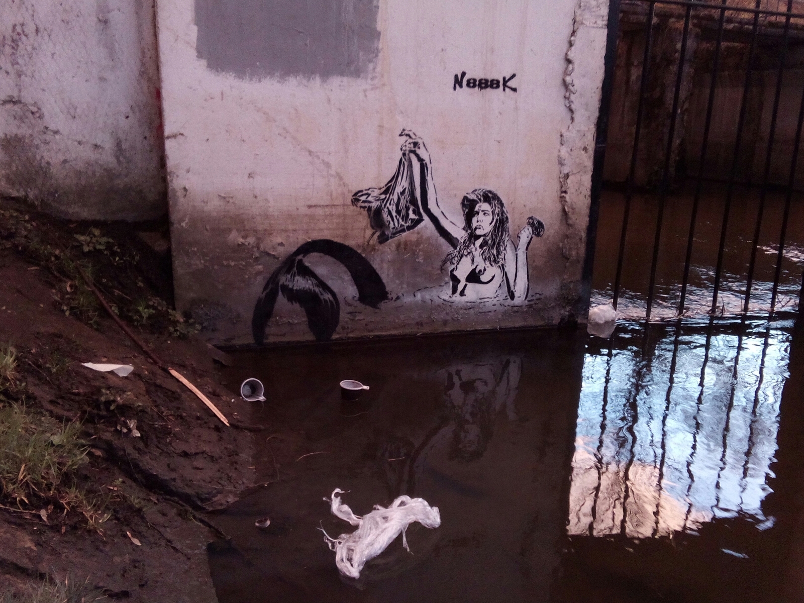 Mermaid on the wall in one of the Moscow rivers - My, Graffiti, Street art, Garbage, Mermaid, Drawing, The photo, Water, N888k