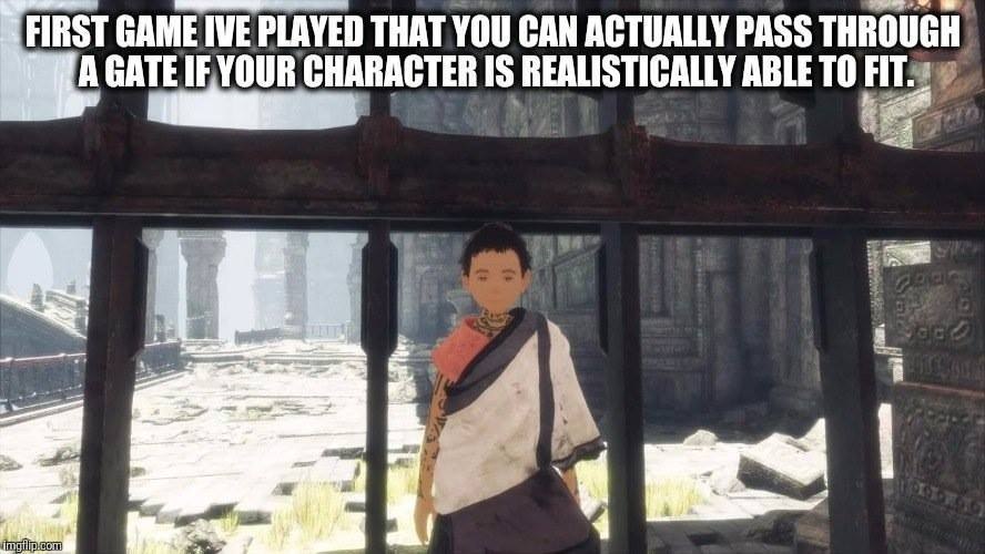 The first game I played where you can go through bars if a character gets stuck between them. - The Last Guardian, Playstation 4, Gamers, Memes