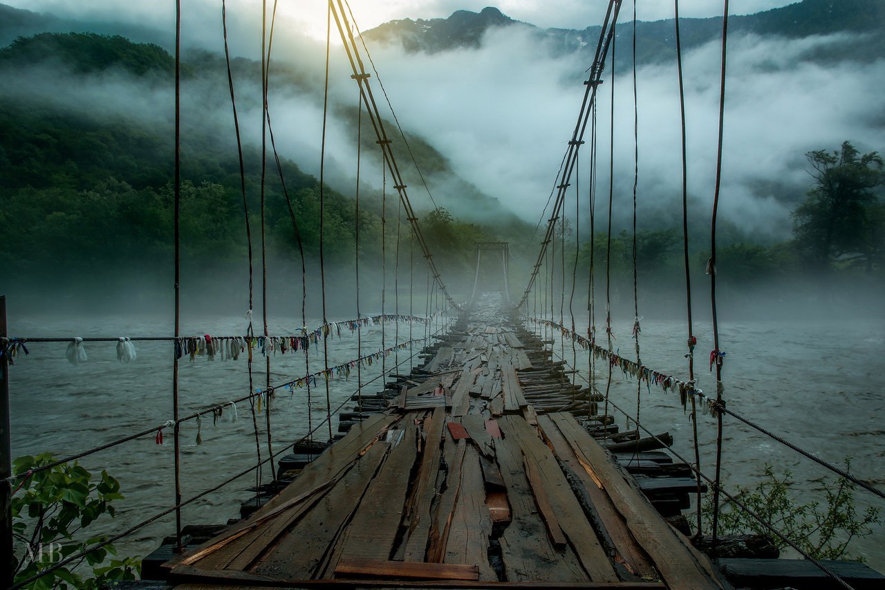 Bridge over the river Bzyb, Abkhazia. - The mountains, Fog, Abkhazia, River, Bridge, The photo