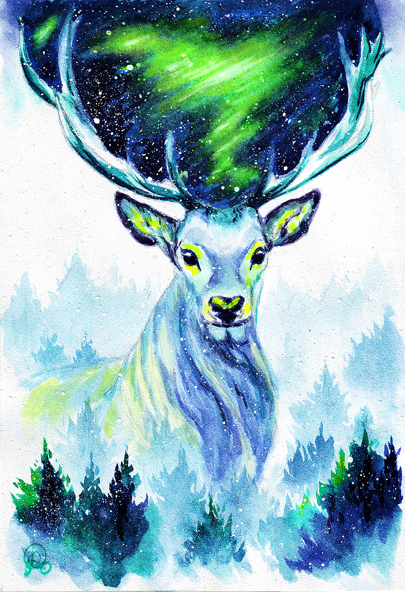 Deer country - My, Deer, Watercolor, Drawing, Illustrations, Winter, Polar Lights, Deer