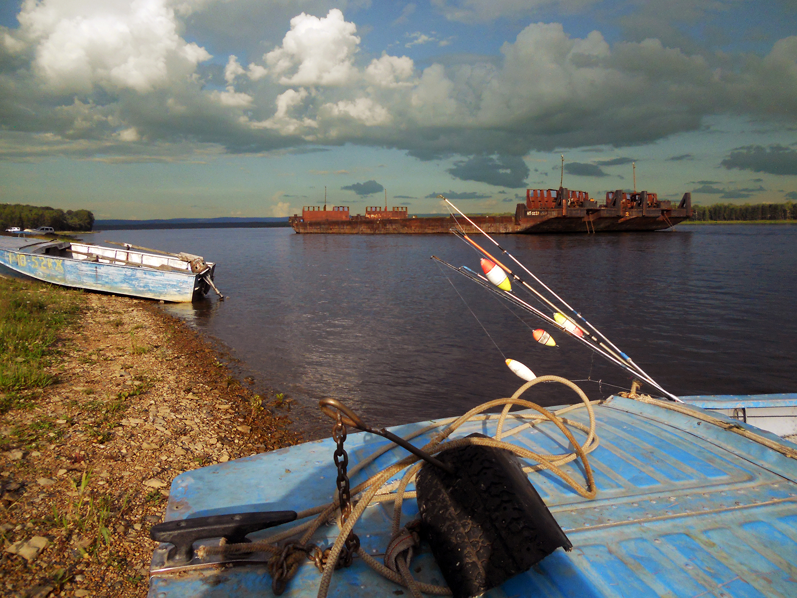 Yenisei. - The photo, River, A boat, Barge, Evening, Fishing