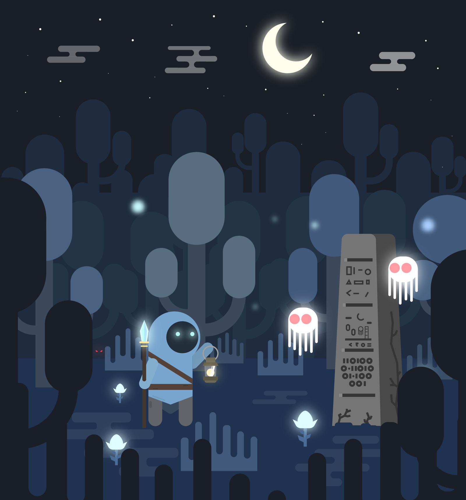 Night forest - My, Monks, Painting, Flat design, Adobe illustrator, Fantasy