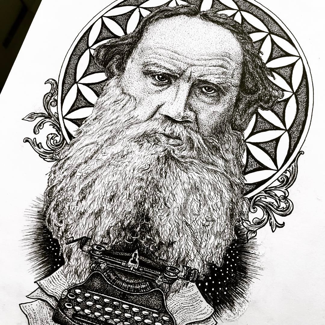 Арт Толстой техникой дотворк. - Моё, Dotwork, Рисунок, Рисунок ручкой, Графика, Лев Толстой, Арт, Творчество, Принт