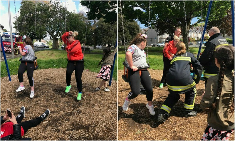 You need to eat less: aunt and niece stuck in a children's swing - Swing, Firefighters, Fatness, West, I cried