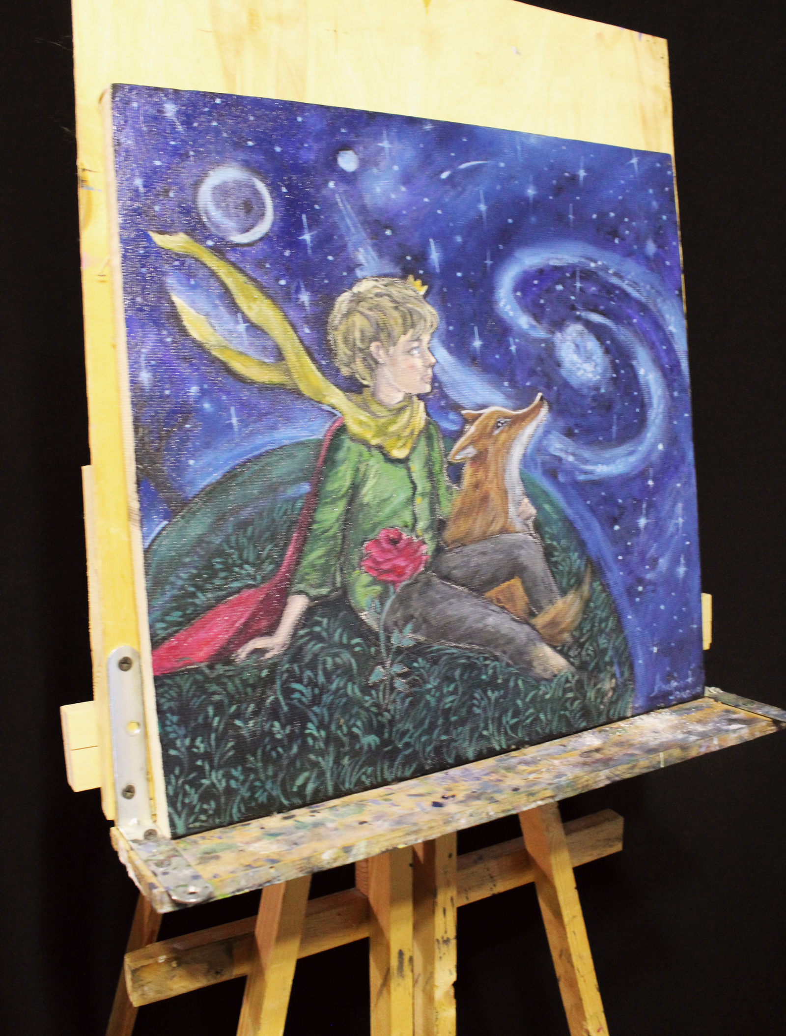 Little Prince - My, Little Prince, Painting, Oil painting, My, Canvas, Boy, Fox, Night