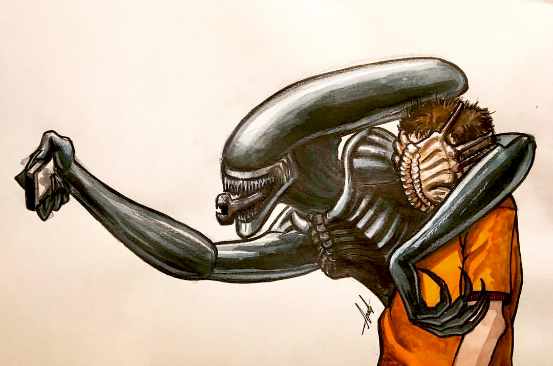 Oh, can I take a selfie? - My, Sketch, Stranger, Xenomorph, , Selfie, Watercolor, Graphics, Drawing