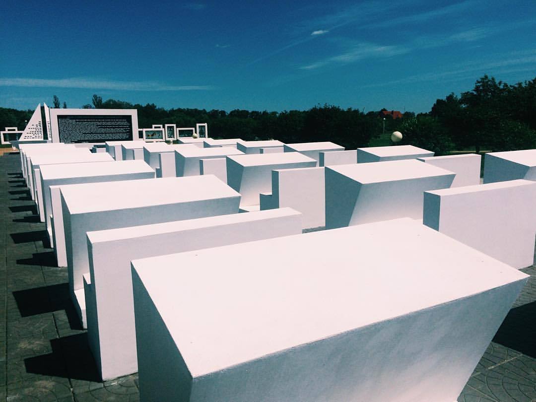 Empty classroom made of white desks and black board. - Republic of Belarus, Zhlobin, Memorial, Board, Desk, Concentration camp, Everlasting memory