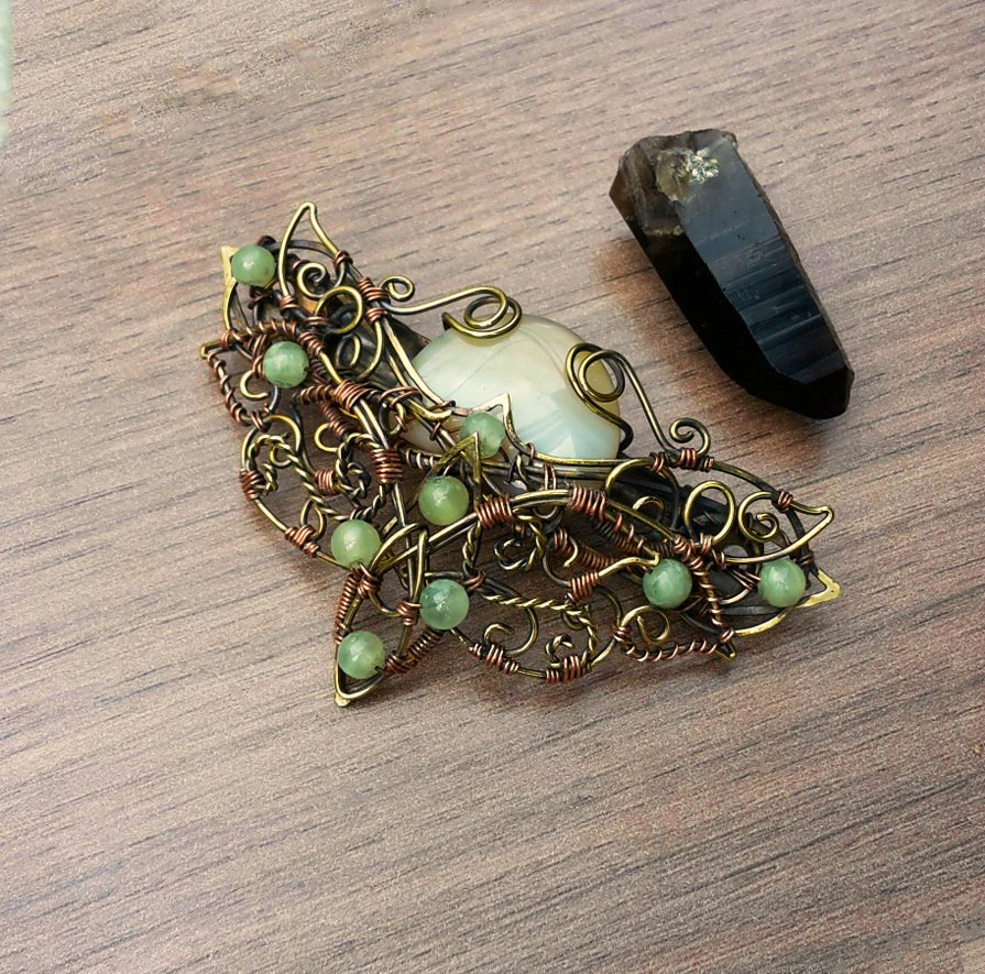 Hawkweed - My, Barrette, Butterfly, Wire, Natural stones, Handmade, Wire wrap, Handmade, Brass, Longpost