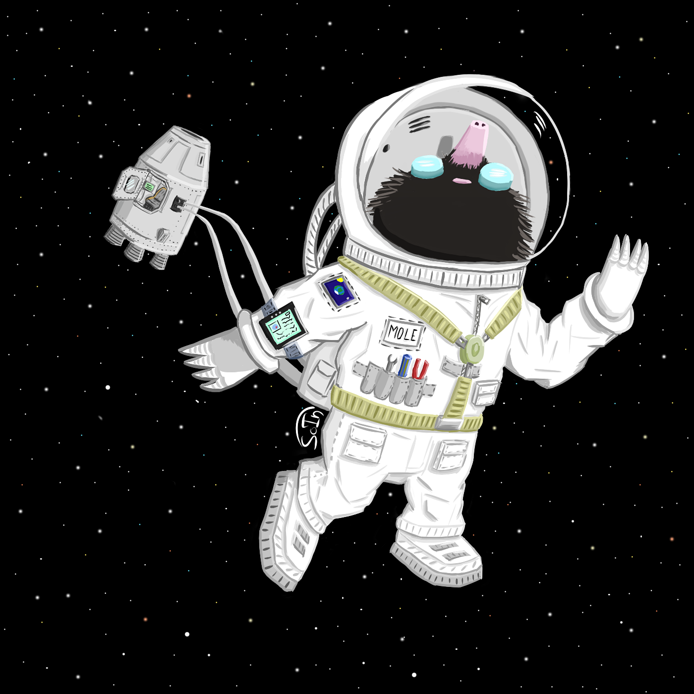 Mole Astronaut - My, Painting, Tablet, Graphics, Drawing, Space, Astronaut, Mole