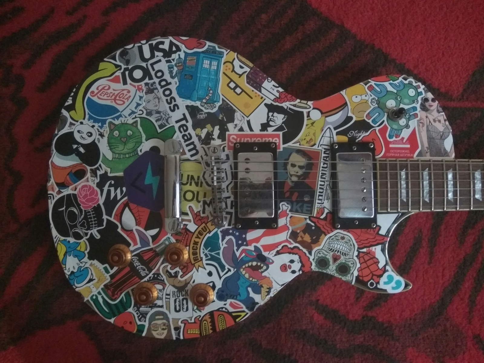 Guitar stickerbomb - My, Stickers, Guitar, Sticker bombing, Upgrade, Tiger