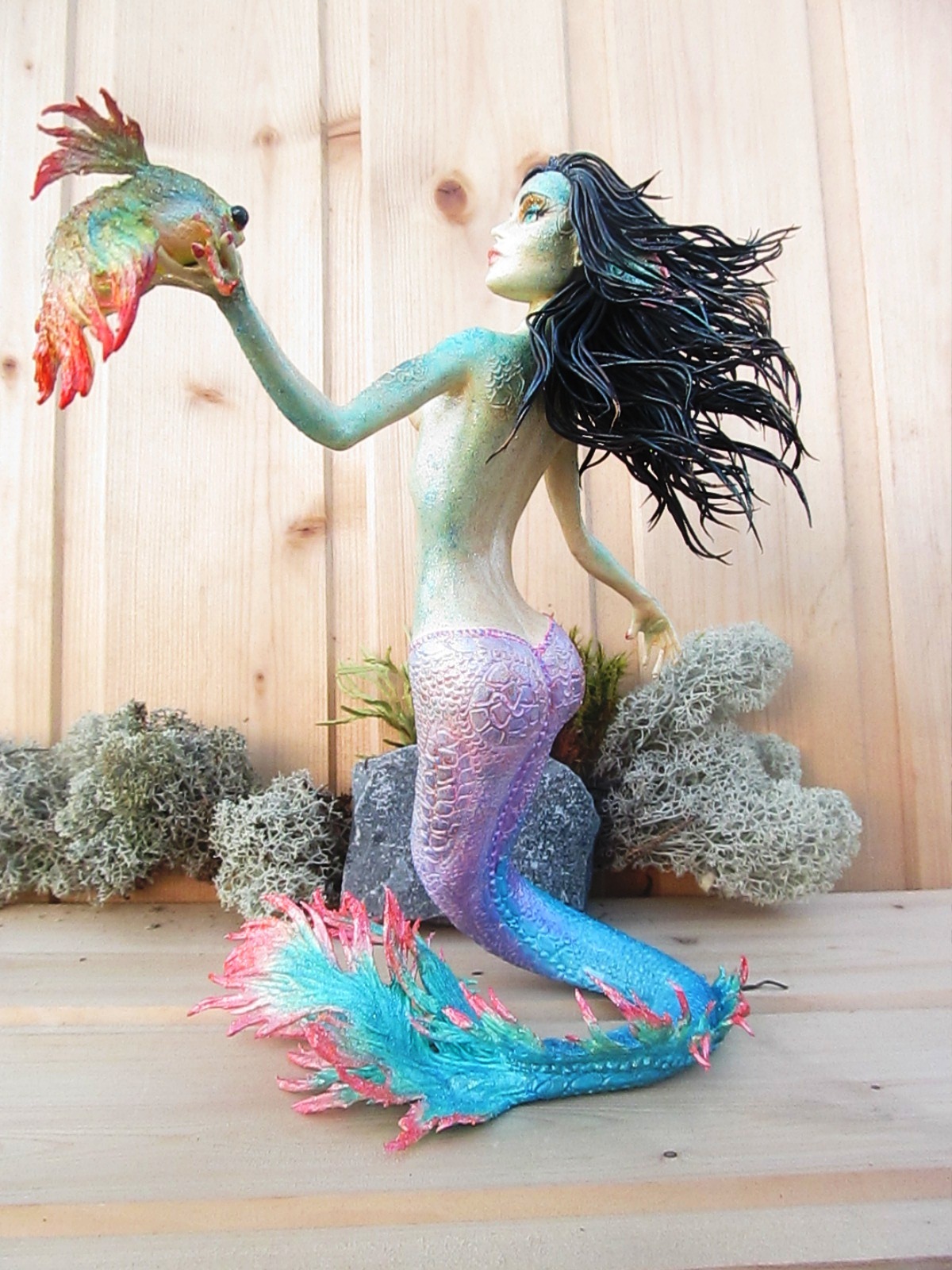 Mermaid with goldfish - My, Mermaid, the little Mermaid, Gold fish, Needlework without process, Polymer clay, Longpost