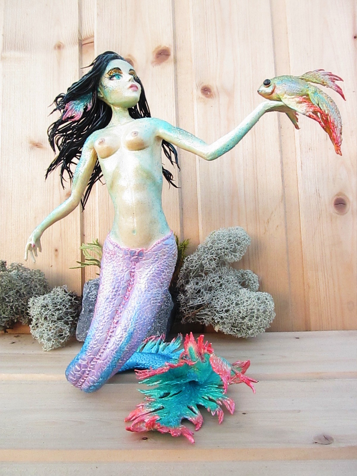 Mermaid with goldfish - My, Mermaid, the little Mermaid, Gold fish, Needlework without process, Polymer clay, Longpost