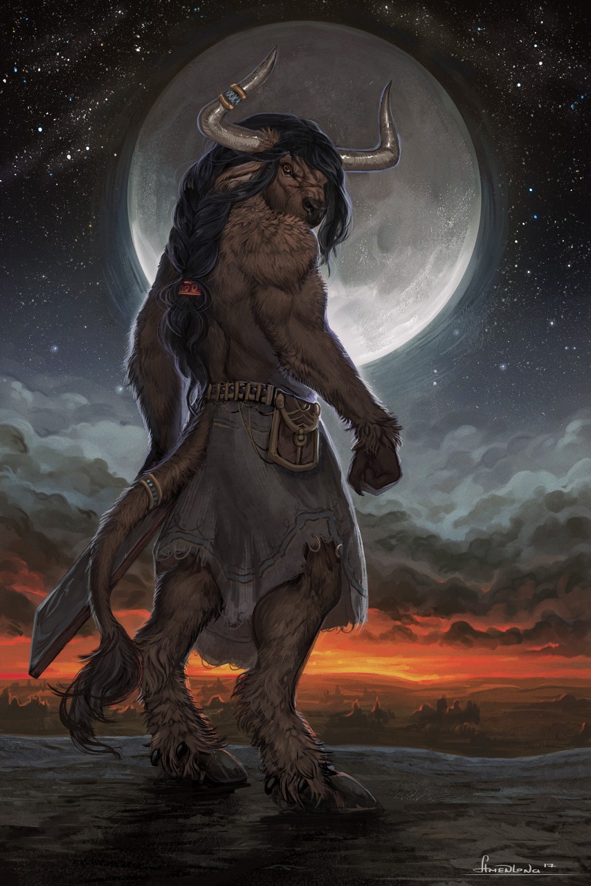 Minotaur - Furry, Art, Minotaur, Night, moon, 