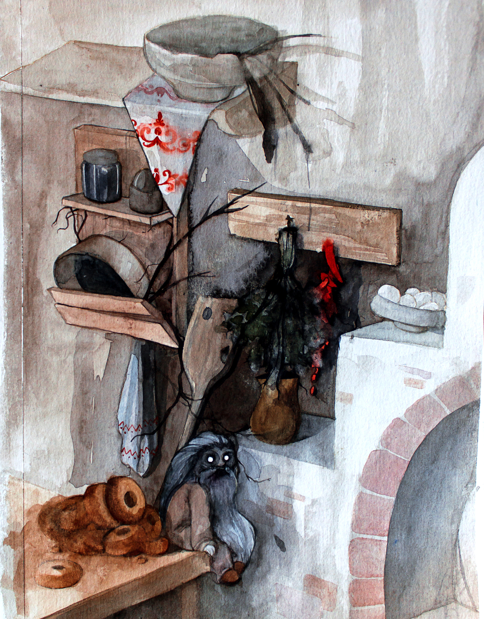 Gorchart II - My, Art, Drawing, Creation, Illustrations, Folklore, A hut on chicken legs, Brownie, Watercolor, Longpost