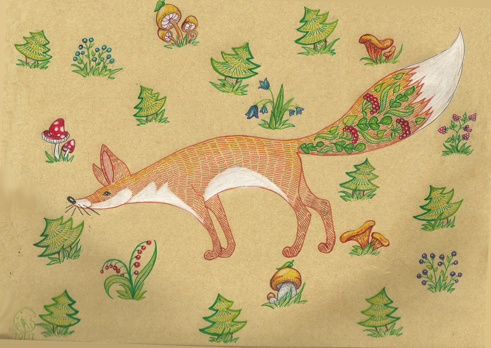 Нарисовать лисичку в лесу