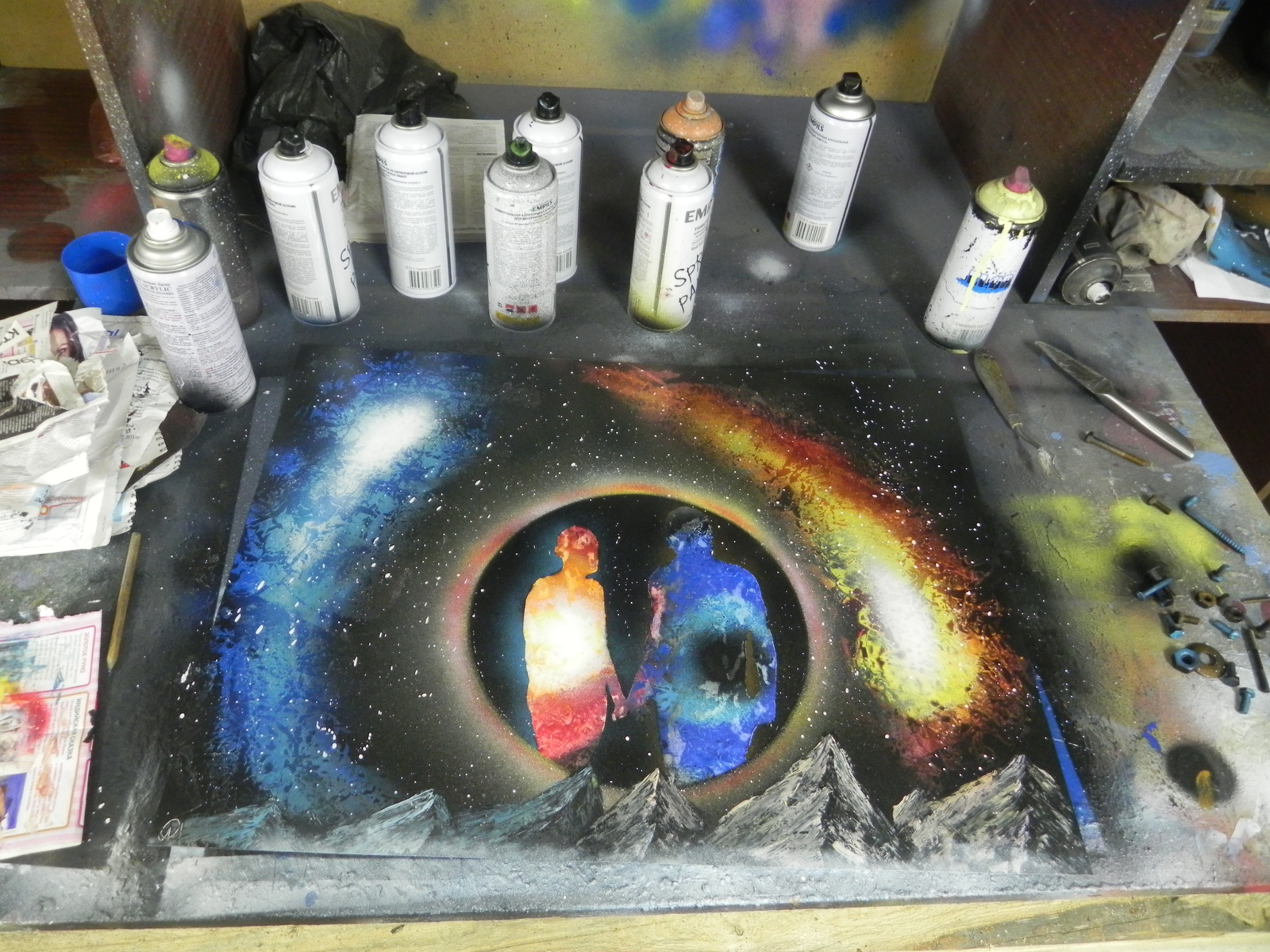 A bit of romance and spray paint! - My, Spray Art, Spacepainting, Art, Spray can, Drawing, The mountains, Crooked hands