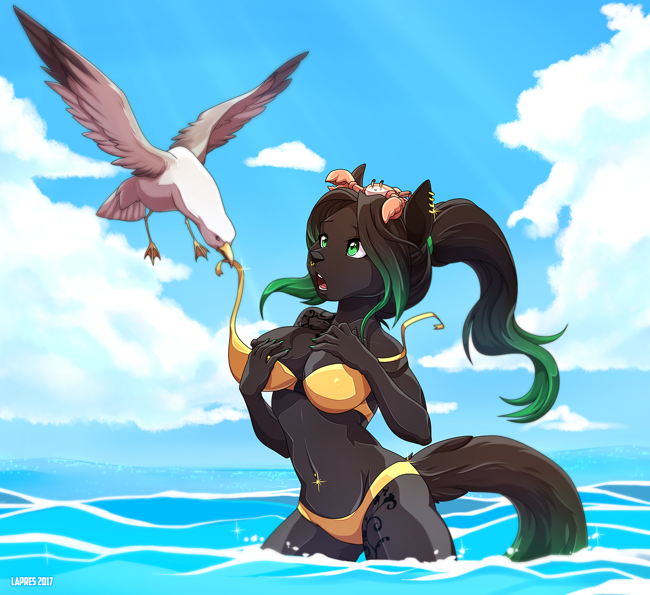 Hey! What are you doing? - NSFW, Furry, Sea, Birds, Swimsuit, Furotica, Art, Lapres