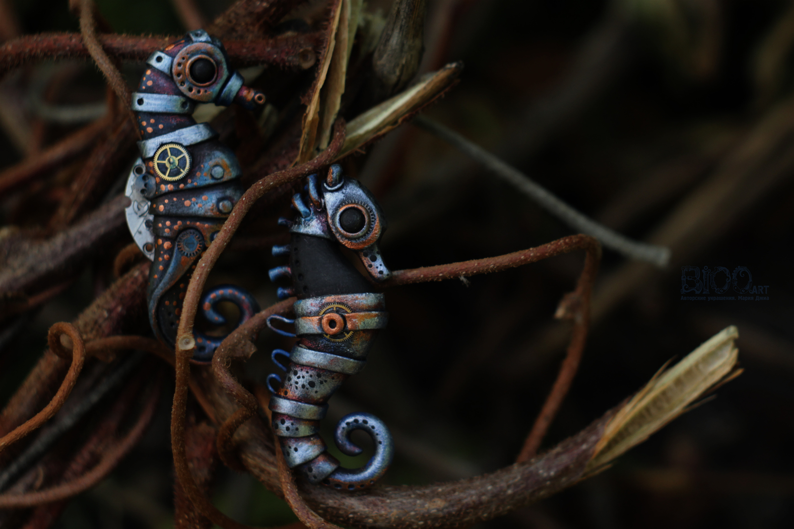 Seahorses in biomechanics style. - My, Sea Horse, Polymer clay, Acrylic, Handmade, Pendant