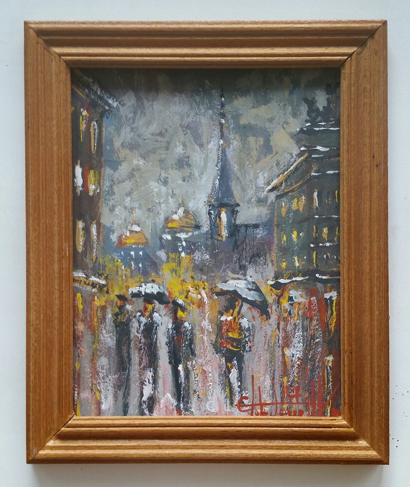 Old city - My, Painting, Gouache, Town, Landscape, Rain, People, Painting, Creation