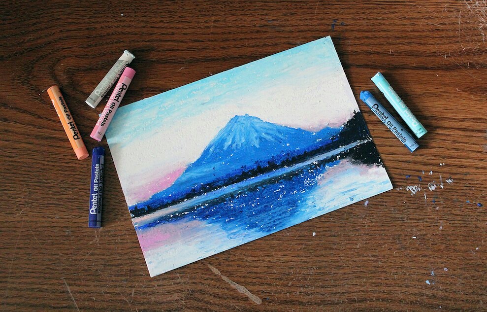 Oil pastel, first attempts - My, Landscape, Pastel, Art, Nature, Fujiyama, River, Tree, Longpost